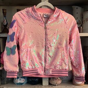 Pink Sequin Jacket with Butterfly Patches custom made by 3 wildflower designs !!